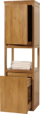 Zdjęcie produktu dla Wysoka szafka z drewna tekowego HWC-M71, szafka łazienkowa, półka łazienkowa, wysokiej jakości drewno tekowe klasy B (twardziel, 20-30 lat), 141x41x36cm