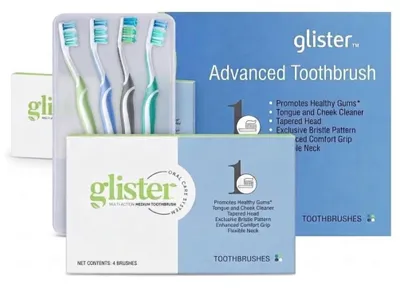 Produktbild von Glister Handzahnbürste Medium 4er Pack, flexibler Kopf, ergonomischer Griff