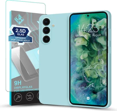Produktbild von Hülle für Samsung Galaxy A56 5G mit 9H Displayglas Displayschutz Plus Case Cover Bumper Silikon Softgrip Schutzhülle Farbe: Hellblau