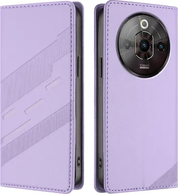 A purple flip case for a smartphone is shown from two angles, front and back.