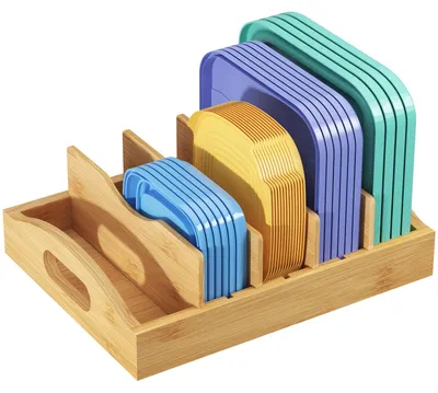 Immagine prodotto di Portacoperchi in bambù - Coperchi per pentole - 26,9 x 21,1 cm - 5 scomparti - Regolabile