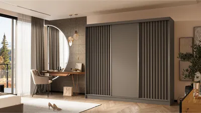 Zdjęcie produktu dla Szafa z lamelami LINEA 240 cm Szara szafa przesuwna z czarnymi lamelami na froncie Gładka trzydrzwiowa szafa z lamelami Szafa na ubrania z szufladami i lamelami