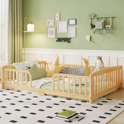 Produktbild von LVHOM Bodenbett 140x200 mit Rausfallschutz, Montessori Kinderbett, bodentiefes Jugendbett, Doppelbett aus Kiefernholz, Natur