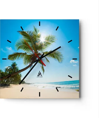Produktbild von Wanduhr - Quadrat - Glasuhr - Strand Palme Meer - 30x30cm - Schleichendes Uhrwerk - Lautlos - zum Aufhängen bereit - Dekoration Modern - Wanddekoration aus Glas - C3AC30x30-3570