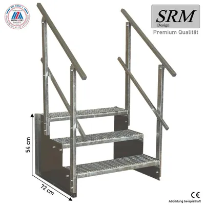Produktbild von 3 Stufen Standtreppe Stahltreppe freistehend Breite 100cm Höhe 63cm verzinkt beidseitiges Geländer