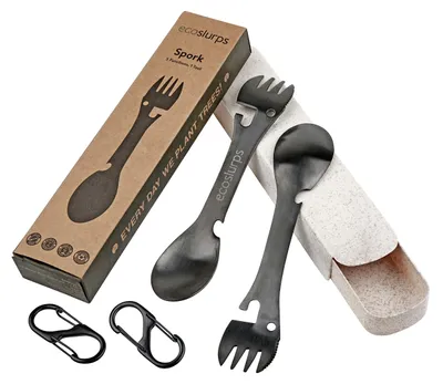 Productafbeelding van Reisset met bestekset "spork" van roestvrij staal, 2-delig, met draagtas, ideaal voor onderweg