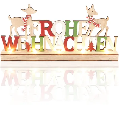 Productafbeelding van com-four® LED decoratieve houten display - verlichte tekst op houten voetstuk - decoratieve tekst om neer te zetten voor Kerstmis - sfeerverlichting met timer