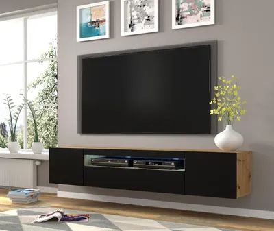 Zdjęcie produktu dla Niska szafka pod TV Aura 200 cm wisząca lub stojąca uniwersalna szafka dolna szafka pod TV szafka boczna stolik HiFi szafka wisząca (dąb Artisan / czarny mat bez LED)
