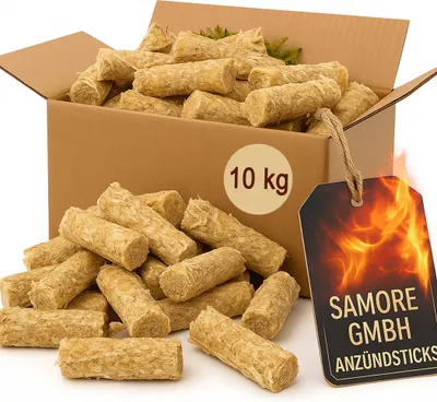 A cardboard box filled with fire starters, with a tag showing flames and company information.