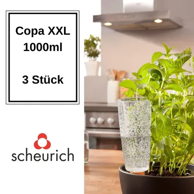 Produktbild von Scheurich Wasserspender Copa XXL | 3x Transparent | 1000 ml Füllmenge | Bewässerungskugel klein mit Ton Fuß | Wasserspender Pflanzen und Blumen Terrakotta Stiel