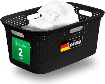 Produktbild von Novaliv 2 Stück Rattan Wäschekorb mit 4 Griffen 40L Schwarz, Wäschebox Set Wäscheeimer Wäschebehälter für Bad Wäsche Schmutzwäsche, Wäschekörbe Haushalt Zubehör Wäschetonne Sammler