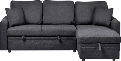 Produktbild von BELIANI Ecksofa mit Schlaffunktion Schwarz Kunstleinen Stoff L-Förmig 3-Sitzer Sofa Linksseitig mit Stauraum Kissen Gepolstert Stoffsofa Schlafcouch