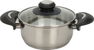 A stainless steel pot with a glass lid and black handles, shown from a front-facing angle against a white background.