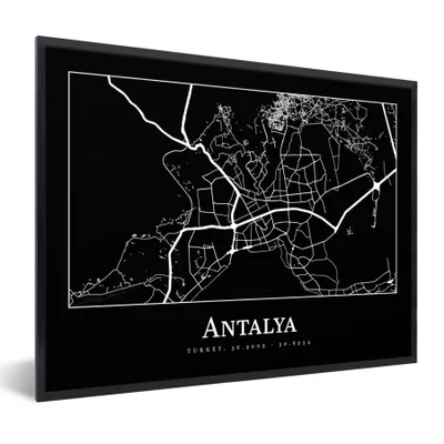 Produktbild von MuchoWow® Gerahmtes Poster Karte - Antalya - Stadtplan 40x30 cm - Poster mit Schwarzem Bilderrahmen Wandposter Rahmen Foto Bilder - Kunstposter - Wanddekorationen