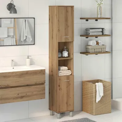 A bathroom with a wooden cabinet, sink, mirror, and shelves.
