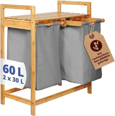 Produktbild von Lumaland Wäschekorb Bambus 2 ausziehbare Wäschesäcke Wäschesammler Ablage praktisch Stoffsäcke Bambusholz 73 cm Höhe x 64 cm Breite x 33 cm Tiefe