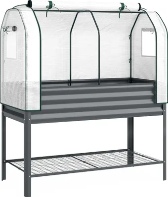 Produktbild von Hochbeet mit Frühbeetaufsatz aus Metall Pflanzkasten mit Gewächshaus Ablagefach, Erhöht 120 x 55 x 140cm