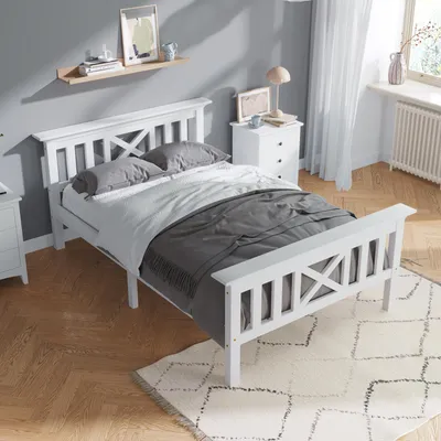 Image de MODFU Lit Simple 90x200 cm - Sommier en Pin Massif - Tête de Lit - Blanc