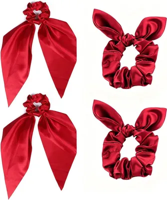 Produktbild von 4 Chiffon-Haargummis mit Schleifen und langen Bändern, elastisch und stabil, süße Haaraccessoires für Damen in Burgunderrot