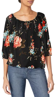 Produktbild von Star Vixen Damen 3/4 Sleeve Peasant Top Bluse, Dunkle Blumen, Klein