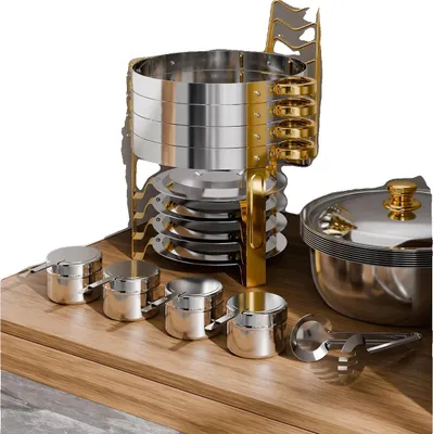 Immagine prodotto di Set di piatti da buffet, acciaio inox, supporto pieghevole, confezione da 4 pezzi oro