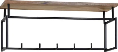 Wandgarderobe Mango Massivholz Metall in Gesamtansicht mit Holzablage oben, schwarzem Metallgestell und fünf Haken unten.