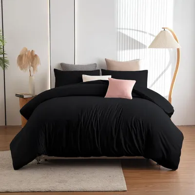 Produktbild von Bettwäsche-Set 220x240 cm Schwarz Mikrofaser bügelfrei knitterfrei mit 2x Kissenbezug 80x80 cm Reißverschluss