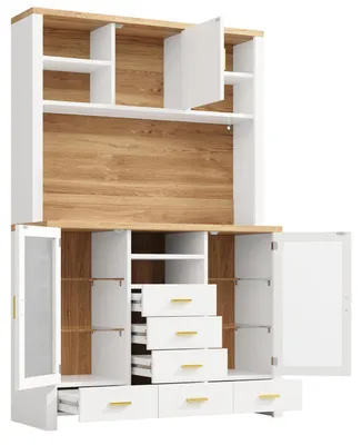 Image de Armoire de cuisine, meuble de rangement, buffet avec éclairage LED, 6 tiroirs, 3 portes, 120x40x188 cm, blanc