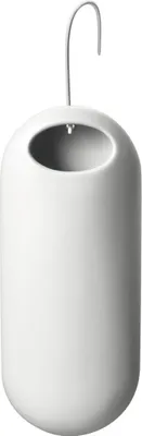 A white, oval-shaped water evaporator with a metal hook for hanging.