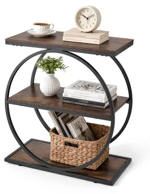 Image de Table d'appoint à 3 niveaux avec étagères ouvertes, structure en métal ronde, aspect bois, couleur marron rustique