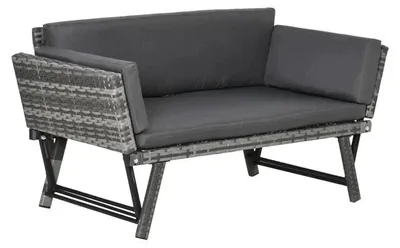 Zdjęcie produktu dla Ławka ogrodowa z rattanu syntetycznego z składanymi podłokietnikami | Kolor: Szary | Wymiary: 63 x 129 x 67 cm