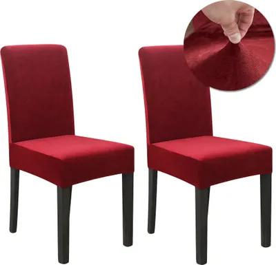 Produktbild von Stuhlhussen 2er set Verdickter Samt Stretch Hussen Für Stühl Weichem Esszimmer Stuhlbezug Hochzeit Home Party Stuhlüberzug Esszimmer-Sitzbezug Weinrot