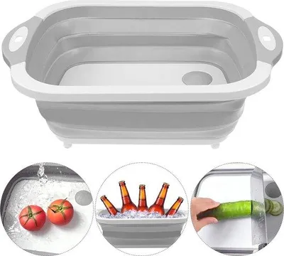 Image de Unyqoos® : planche à découper et bac de lavage 3-en-1 pliable – pliable, portable, avec passoire égouttoir, pieds antidérapants, trous de suspension, en PP+TPR de qualité alimentaire, dimensions : 398 x 295 x 135 mm, pliée : 32 mm