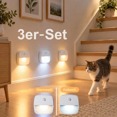Obrázek produktu pro Sada 3 LED nočních světel s pohybovým senzorem – světla do skříněk na baterie, 3000K/6000K, s PIR senzorem a světelným senzorem, úhel záběru 120°, dosah 5 metrů, 0,3 W, vhodné pro schodiště, chodby a skříně