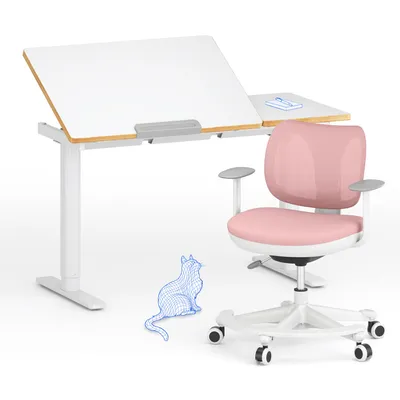 Produktbild von FLEXISPOT Kinderschreibtisch und Stuhl Set, Elektrisch höhenverstellbar, Neigbare Tischplatte, 3 Speicherplätze, Kindersicherung, 110x52 cm
