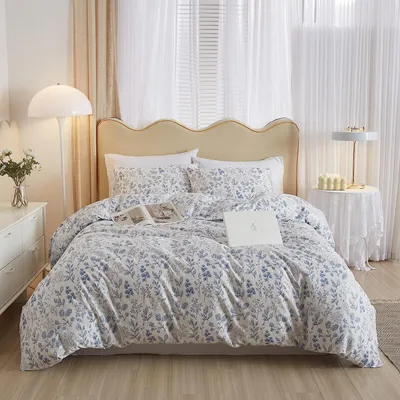 Produktbild von Lifetb Vintage Style Baumwolle Blumen Bettdecke Cover Königin Boho Blue Bettwäsche Sets Chic Shabby ästhetische Bettdecke weiche botanische 1 2 Kissen