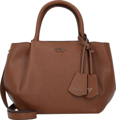 A brown Guess handbag is shown against a white background.