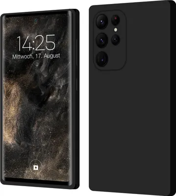 A black smartphone case is shown from the front and back, with the front displaying the phone's screen.