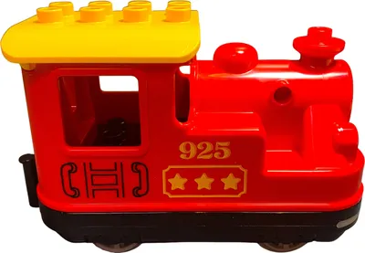 A red toy train with a yellow roof.