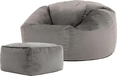 Produktbild von icon Klassischer Sitzsack Bean Bag Aurora mit Hocker, Grau, Plüschsamt, Sitzsack Sessel Für Erwachsene mit Füllung, Groß Sitzsäcke Für Das Wohnzimmer - Hergestellt in Deutschland