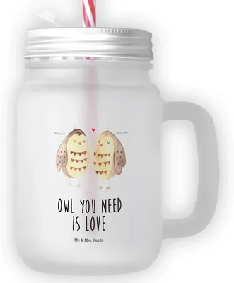 Produktbild von Mr. & Mrs. Panda Glas Eulen Liebe - Transparent - Geschenk, Pärchen, Mason, Vintage Trinkglas, Eule, Liebesspruch, mit Deckel, dessertglas, Cocktailglas, Spruch