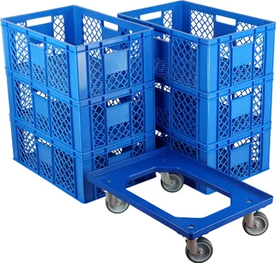 Produktbild von 6 Stück Bäckerkisten 600 x 400 x 230 mm + 1 Transportroller Typ C versch. Farben : blau Farbe: blau