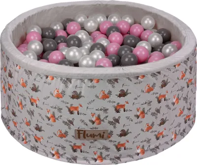 Produktbild von Flumi Bällebad Baby - Bällepool Kinder 90x40cm mit 200 Bällebad Bälle ∅ 7cm in EU hergestellt - Hellgrau / Füchse + Rosa Bälle