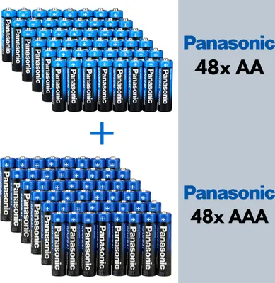 A product image showing two stacks of Panasonic batteries, one AA and one AAA, with text indicating the quantities.