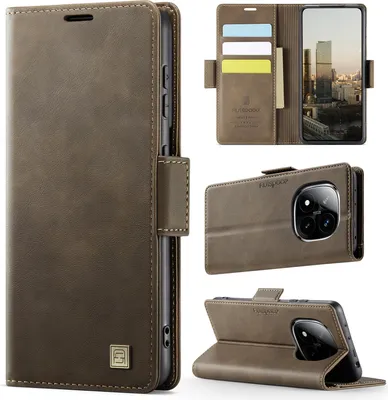 Image de Etui en cuir pour Xiaomi Redmi Note 14 Pro 5G/Note 14 Pro+ 5G, protection RFID, fermeture magnétique, fentes pour cartes et support Marron