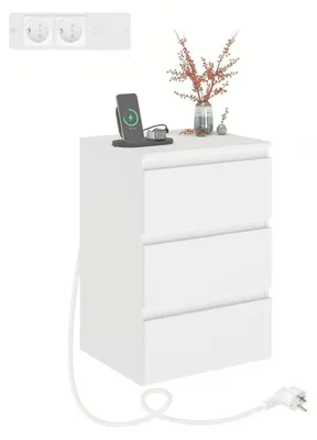 Immagine prodotto di Comodino bianco con 3 cassetti e 2 prese di corrente AC e 2 porte USB, dimensioni 40x35x60 cm