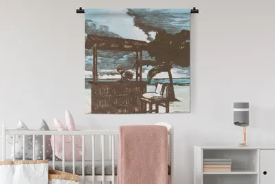 Produktbild von MuchoWow® Wandteppich Wandbehang Strand - Palme - Hütte 90x90 cm Tapisserie Dekoration Wandtuch - Wandaufhänger
