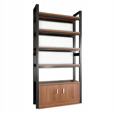 A tall, narrow bookshelf with a wooden cabinet at the bottom and several wooden shelves above, all supported by a black metal frame.