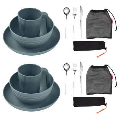 Produktbild von Camping-Besteck-Set fš¹r 2 Personen, tragbares Essgeschirr aus Weizenstroh mit Schš¹ssel, Teller, Tasse, Gabel, Messer, L?ffel, Outdoor-Geschirr und Picknickgeschirr
