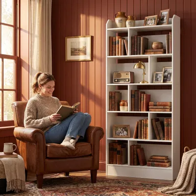 Produktbild von Bücherregal Bücherschrank 6 Fach Standregal, 24 x 80 x 170 cm Weiß | Aufbewahrungsregal, für Wohnzimmer Büro Schlafzimmer